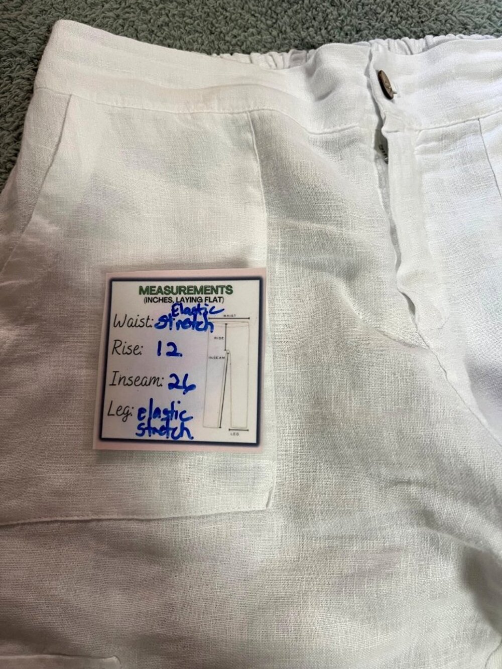 White Cargo Linen Pants With Pockets Elastic Waist Stretch Size L - Picture 5 of 6